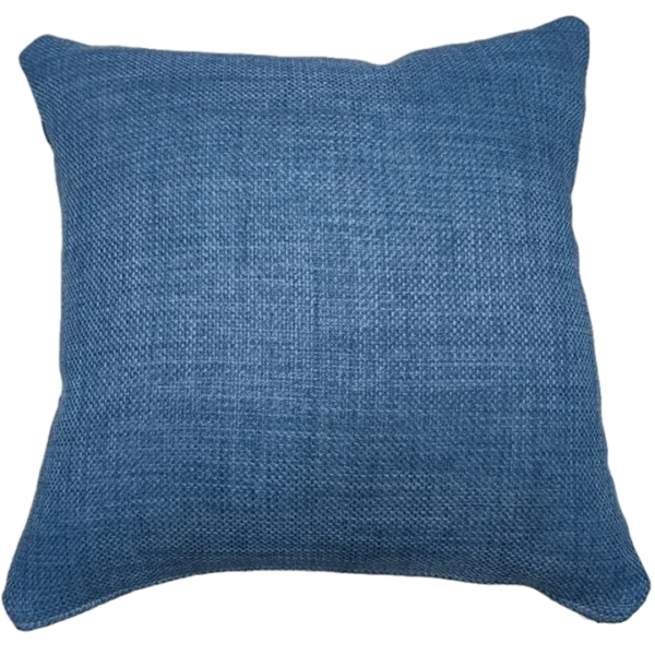 Blue knitted cushion on striped background.