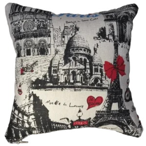Paris-themed cushion with Eiffel Tower and landmarks.