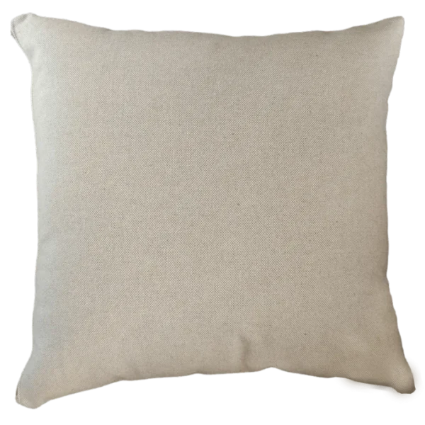 Beige square decorative cushion on black background.