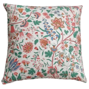 Floral pattern cushion on white background.