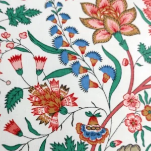 Floral fabric pattern with colorful embroidered flowers.
