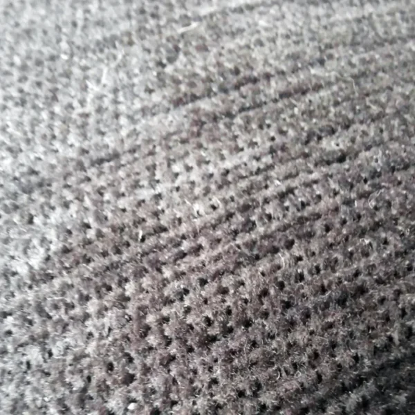 Close-up texture of grey woven fabric.