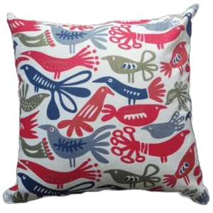 Decorative bird print cushion for home interior.