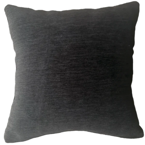 Black textured throw pillow on striped background.