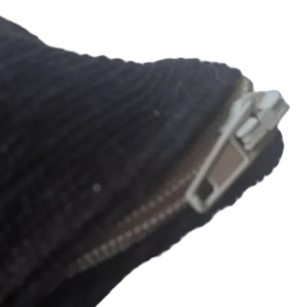 Close-up of a zipper on fabric.