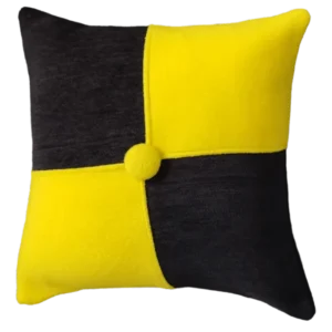 Black and yellow decorative cushion on white background.