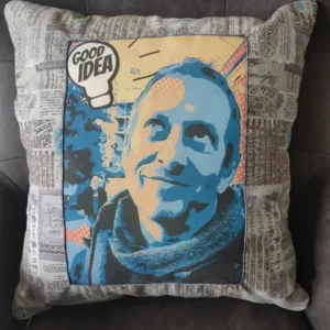 Custom pop art printed cushion on sofa.