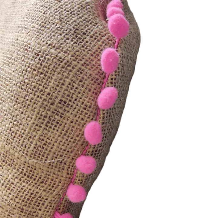 Hessian & Pink Pom-Pom Round Cushion