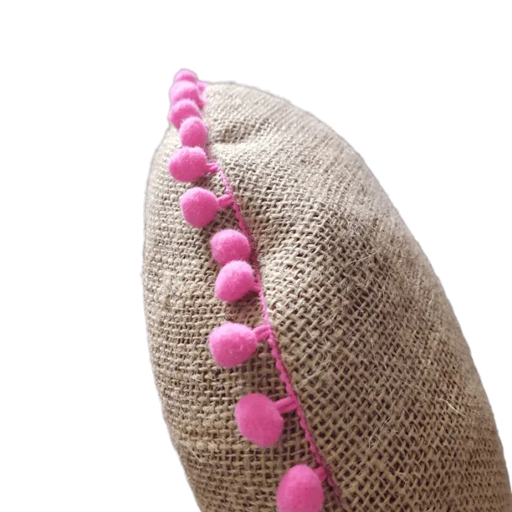 Hessian & Pink Pom-Pom Round Cushion Side
