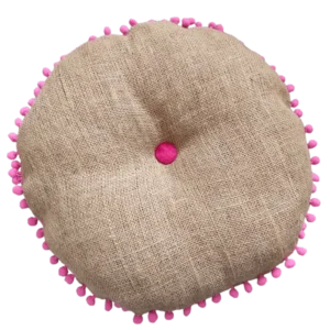 Hessian & Pink Pom-Pom Round Cushion