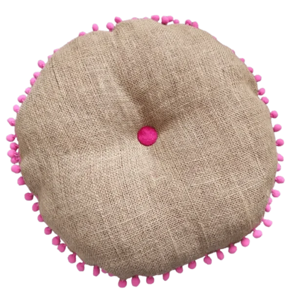 Hessian & Pink Pom-Pom Round Cushion