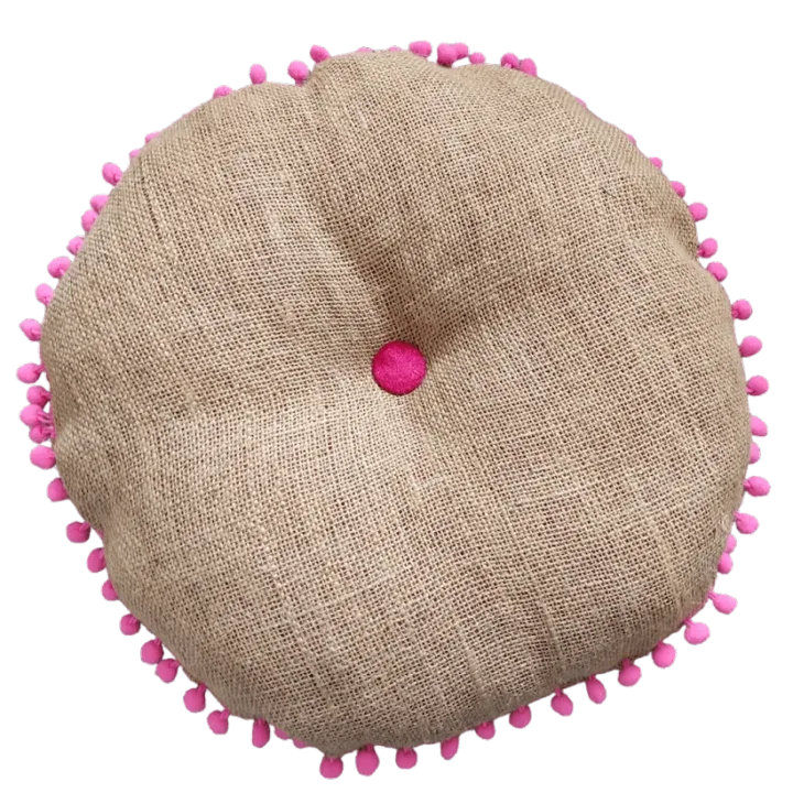 Hessian & Pink Pom-Pom Round Cushion