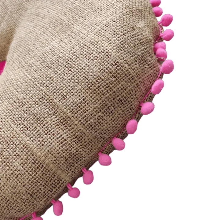 Hessian & Pink Pom-Pom Round Cushion Side